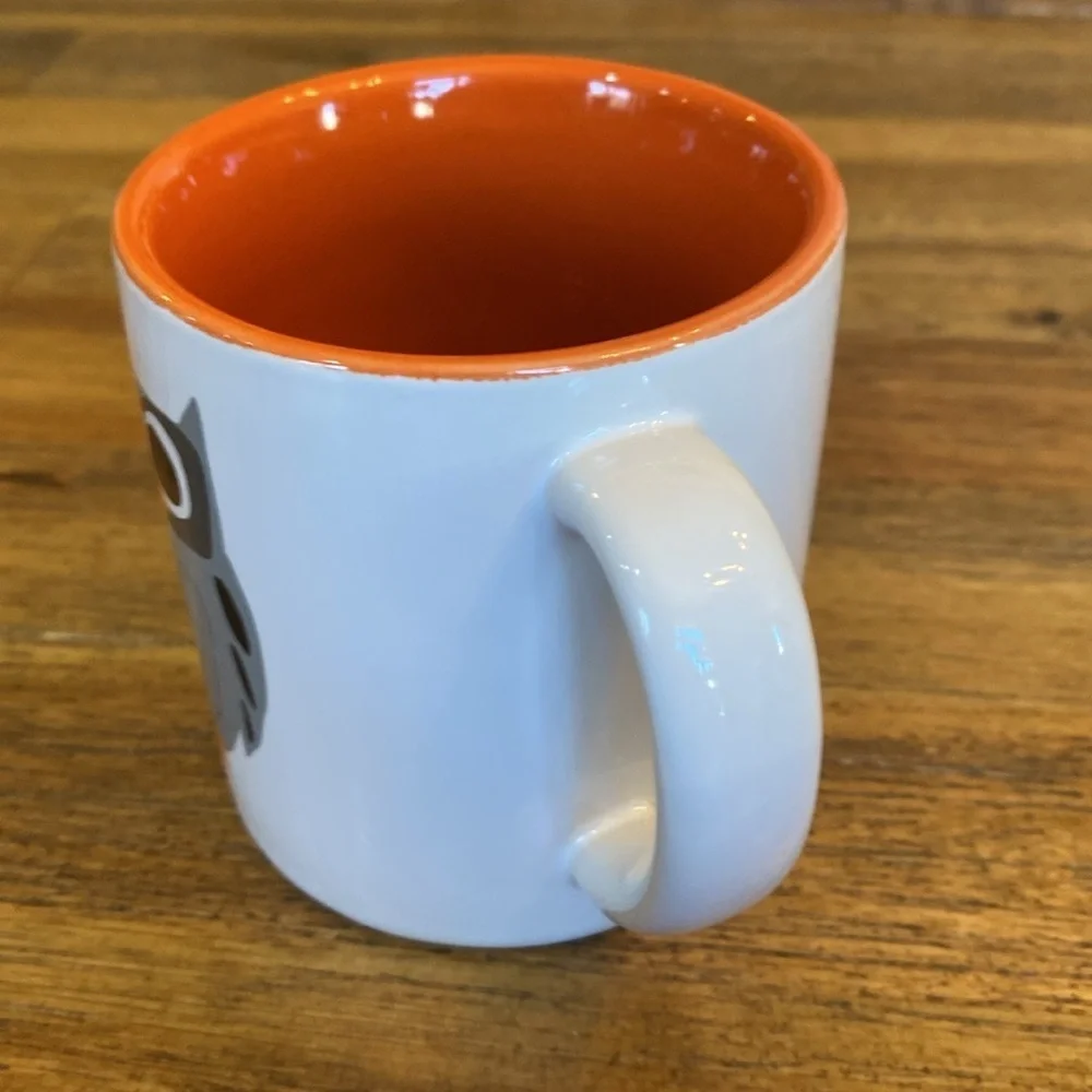 Crate & Barrell small grey owl mug. 8 ounce capacity. White w/orange interior.
